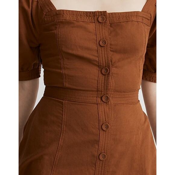 Madewell Womens Midi Dress 00 Brown Seamed Puff-Sleeve Button Front NK416 NWT - Picture 3 of 14